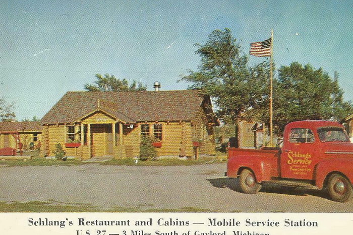 GAYLORD MICHIGAN MI SCHLANGS RESTAURANT CABINS WITH MOBIL GAS STATION
